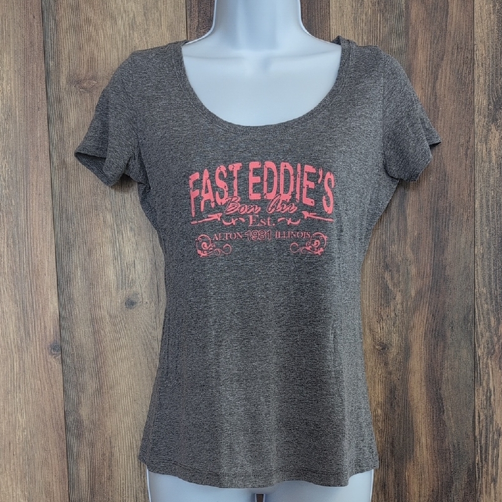Next Level Apparel Charcoal Gray & Pink Graphic Tee Fast Eddie's Tee S H101